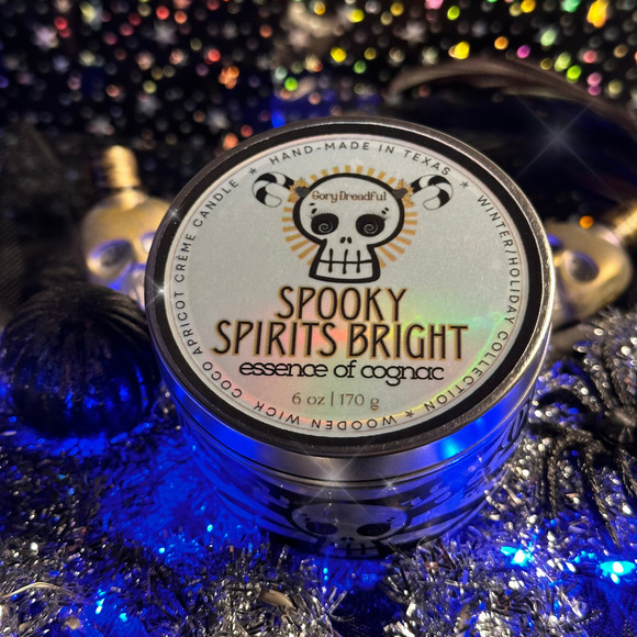 Spooky Spirits Bright Crackling Wooden Wick Candle Tin: Essence of Cognac Scent - Picture 1 of 5